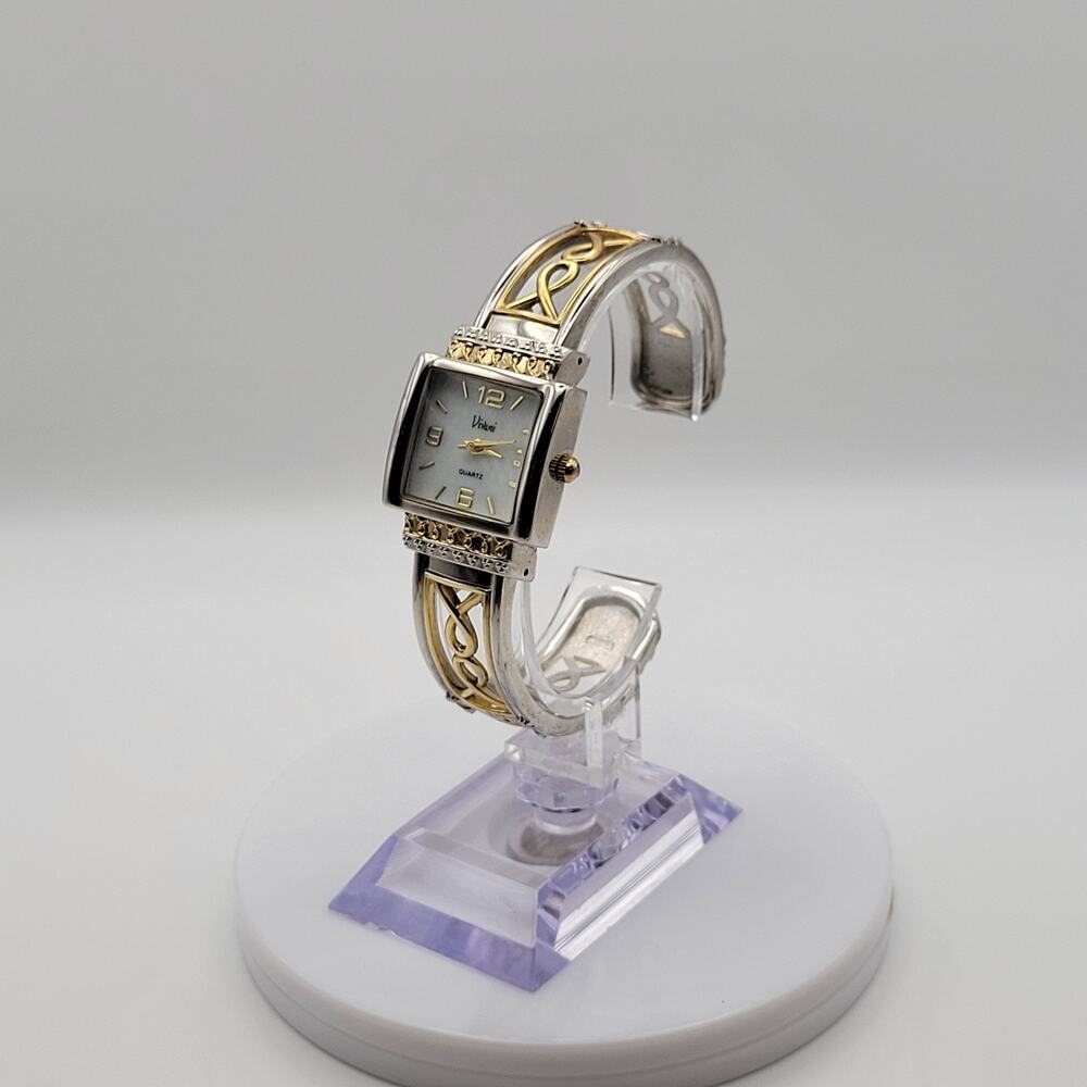 Vivani Women's Bangle Watch Two Tone Silver Gold Celtic Filigree Square Dial
